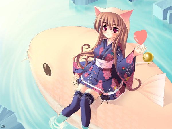 Anime picture 1600x1200 with natsumiya yuzu brown hair animal ears japanese clothes pink eyes thighhighs water fish (fishes)