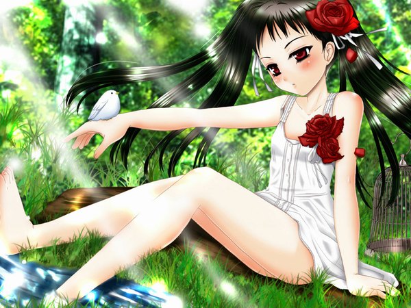Anime picture 1024x768 with ar tonelico ar tonelico ii gust (company) jacqli inumori sayaka single long hair blush fringe light erotic black hair red eyes sitting twintails bare shoulders head tilt barefoot hair flower sunlight arm support