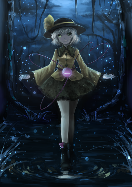 Anime picture 1000x1415 with touhou komeiji koishi vetina single tall image looking at viewer short hair green eyes white hair girl dress plant (plants) hat tree (trees) water eyeball