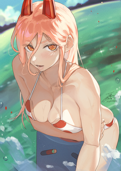 Anime picture 1061x1500 with chainsaw man mappa power (chainsaw man) fadingz single long hair tall image looking at viewer blush fringe breasts open mouth light erotic hair between eyes large breasts pink hair sky cleavage cloud (clouds) outdoors
