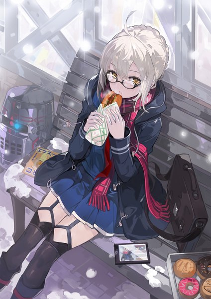 Anime picture 1200x1697 with fate (series) fate/grand order artoria pendragon (all) mysterious heroine x (alter) (fate) mysterious heroine x alter (first ascension) (fate) alchemaniac single tall image looking at viewer fringe short hair blonde hair hair between eyes yellow eyes ahoge open jacket snowing winter steam girl