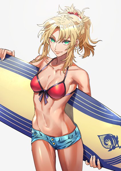 Anime picture 1240x1754 with fate (series) fate/grand order mordred (fate) mordred (swimsuit rider) (fate) tenobe single tall image looking at viewer short hair breasts light erotic blonde hair simple background white background green eyes payot ponytail sideboob groin tan