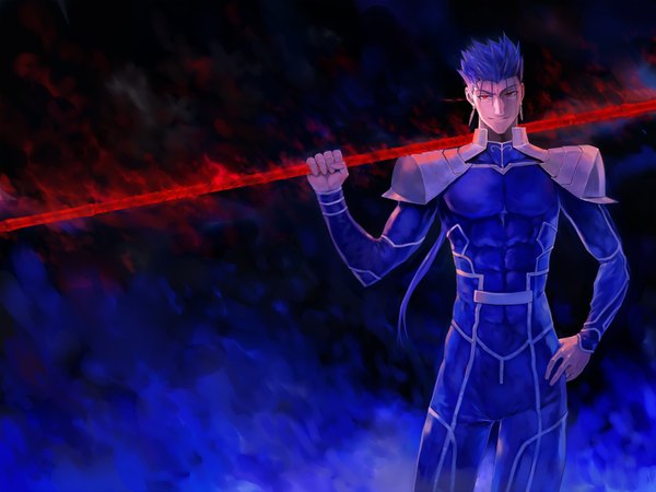 Anime picture 1920x1440 with fate (series) fate/stay night type-moon cu chulainn (fate) cu chulainn (fate/stay night) bob (biyonbiyon) single long hair looking at viewer highres smile red eyes blue hair ponytail hand on hip grin muscle smirk glowing weapon boy
