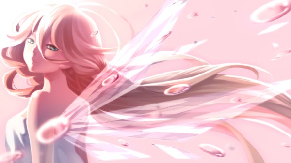 Anime picture 1280x720 with vocaloid ia (vocaloid) single long hair looking at viewer blue eyes blonde hair wide image braid (braids) back pink background girl dress wings white dress bubble (bubbles)
