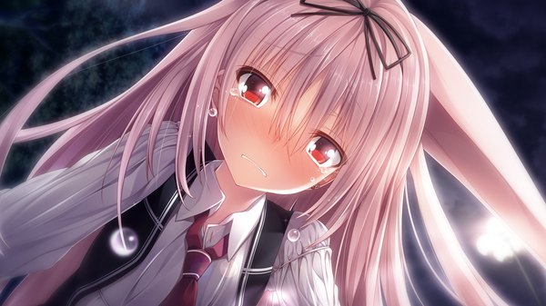 Anime picture 1280x720 with gleam garden no shoujo luna (gleam garden no shoujo) char single long hair looking at viewer blush red eyes wide image animal ears pink hair game cg tears girl dress