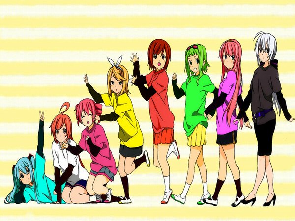 Anime picture 1024x768 with k-on! vocaloid kyoto animation utau hatsune miku megurine luka kagamine rin gumi yowane haku miki (vocaloid) kasane teto sakine meiko long hair blush short hair blonde hair brown hair twintails multiple girls green eyes