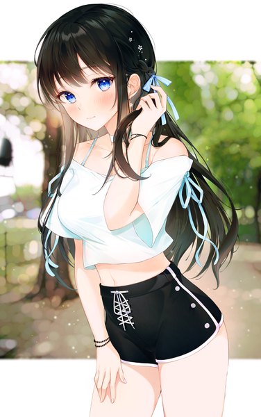 Anime picture 2217x3532 with original lebring single long hair tall image looking at viewer blush fringe highres blue eyes black hair standing bare shoulders payot nail polish fingernails light smile off shoulder midriff adjusting hair
