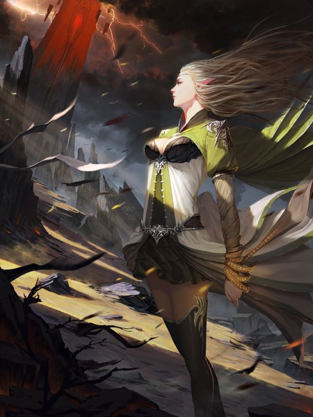 Anime picture 3000x4000 with rui li single long hair tall image highres breasts blonde hair standing green eyes sky profile wind lips pointy ears sunlight bare tree rock lightning girl thighhighs