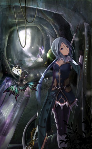 Anime picture 1500x2427 with original myue (snowmoonlight) long hair tall image blonde hair purple eyes multiple girls looking away grey hair girl thighhighs dress weapon 2 girls wings crystal cave