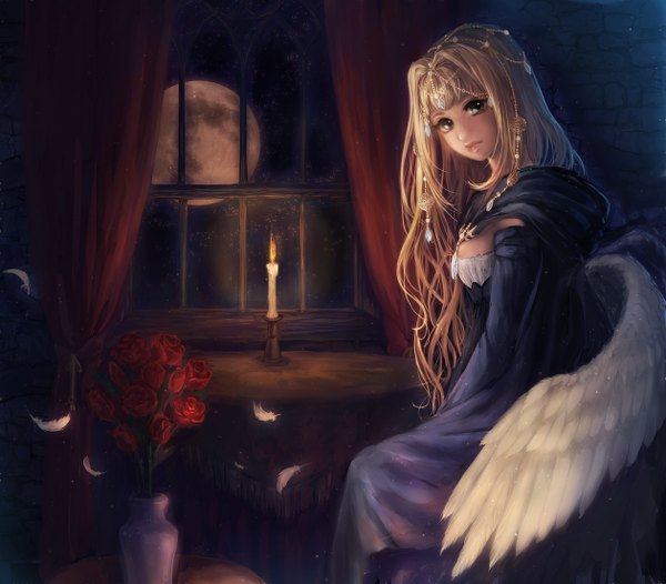 Anime picture 1260x1106 with original furuhashi single long hair looking at viewer blue eyes blonde hair girl dress hair ornament flower (flowers) wings window moon curtains jewelry feather (feathers) candle (candles)