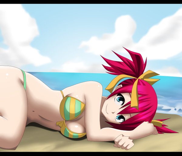 Anime picture 2845x2440 with fairy tail blendy shelia lworldchiefl single highres short hair blue eyes light erotic smile twintails pink hair sky cloud (clouds) beach coloring short twintails girl ribbon (ribbons) swimsuit hair ribbon