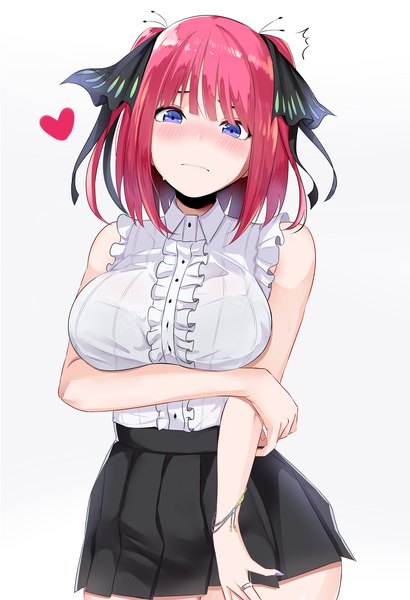 Anime picture 4000x5846 with go-toubun no hanayome nakano nino reeze (artist) single tall image blush fringe highres short hair breasts blue eyes simple background large breasts standing payot pink hair absurdres blunt bangs nail polish pleated skirt