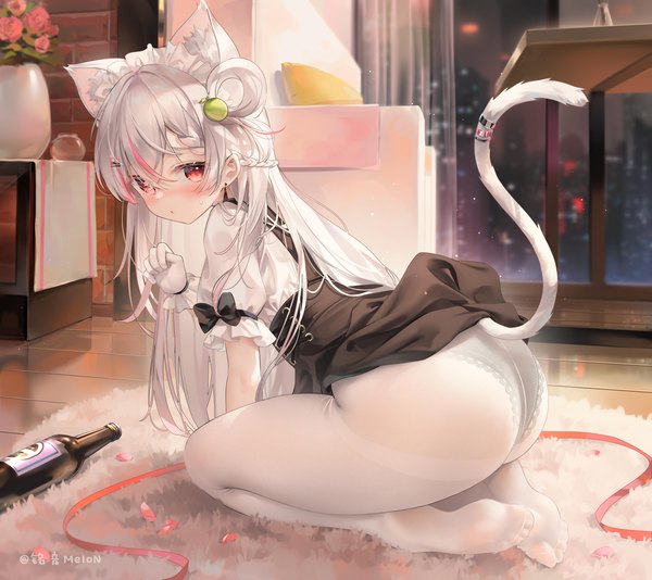 Anime picture 3213x2858 with virtual youtuber indie virtual youtuber mingyin meion (vtuber) chen bin single long hair looking at viewer blush fringe highres light erotic hair between eyes red eyes sitting signed animal ears absurdres bent knee (knees) ass white hair