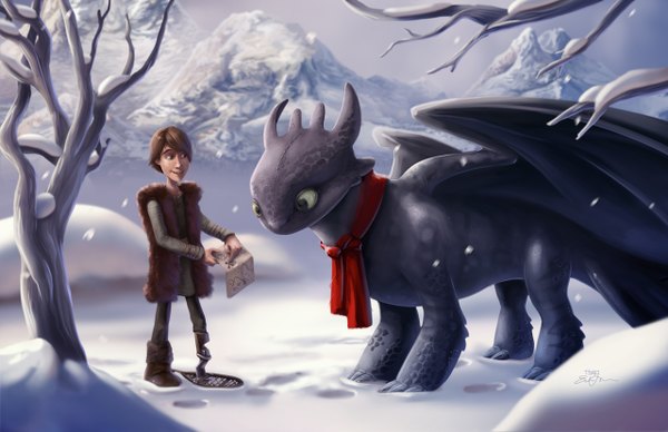Anime picture 1280x828 with how to train your dragon dreamworks toothless hiccup horrendous haddock iii tsaoshin short hair brown hair looking away looking down snowing winter snow mountain dragon wings boy plant (plants) animal wings tree (trees) scarf