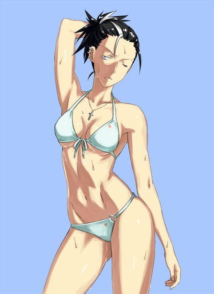 Anime picture 1800x2470 with original black hood (original character) kamezaemon tall image highres short hair breasts blue eyes light erotic black hair simple background white hair ponytail one eye closed multicolored hair wink two-tone hair armpit (armpits) sweat streaked hair