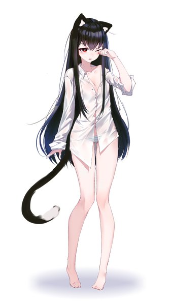 Anime picture 1987x3534 with original xing single long hair tall image blush fringe highres breasts open mouth light erotic black hair simple background red eyes standing white background animal ears looking away tail animal tail