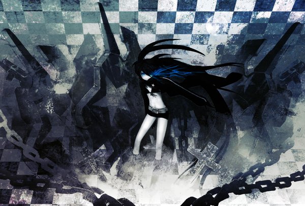 Anime picture 1771x1200 with black rock shooter black rock shooter (character) huke highres twintails glowing glowing eye (eyes) checkered background girl chain bikini top