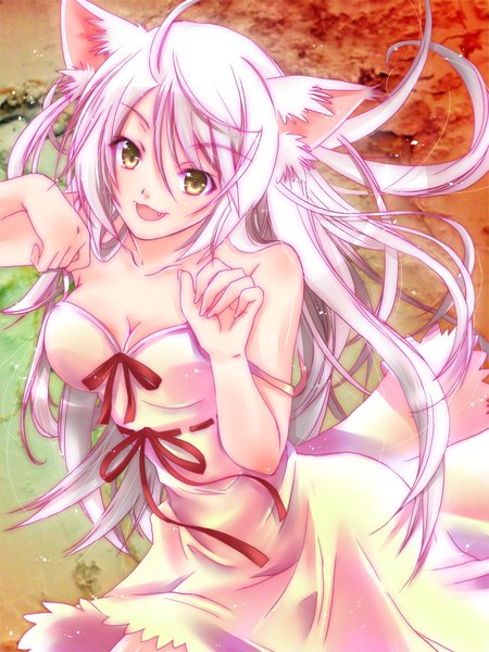 Anime picture 1200x1600 with bakemonogatari shaft (studio) monogatari (series) hanekawa tsubasa black hanekawa yuuki sara (artist) long hair tall image animal ears yellow eyes cleavage white hair cat ears cat girl girl ribbon (ribbons) sundress