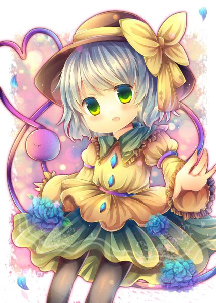 Anime picture 1000x1399 with touhou komeiji koishi pjrmhm coa single tall image looking at viewer blush short hair open mouth green eyes silver hair heart of string girl flower (flowers) hat petals pantyhose heart rose (roses) blue rose