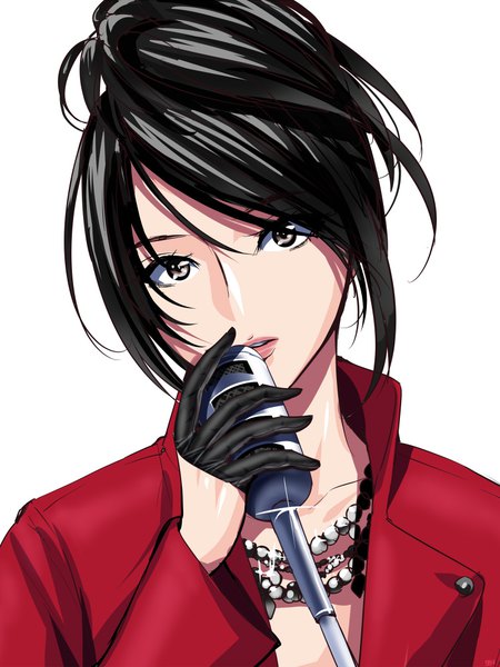 Anime picture 750x1000 with real life minori chihara sen (sansui) single tall image looking at viewer short hair black hair simple background white background holding upper body parted lips head tilt black eyes sparkle alternate hairstyle hair up girl gloves