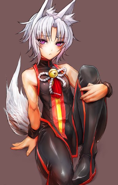 Anime picture 1028x1600 with original taishi (picchiridou) single tall image short hair light erotic simple background sitting purple eyes animal ears white hair tail grey eyes fox tail frown boy earrings bell jewelry collar