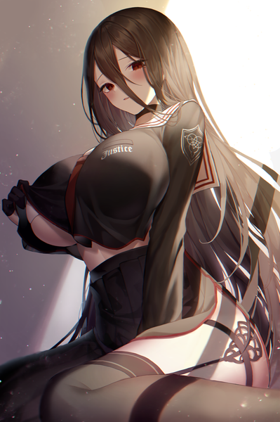 Anime picture 2200x3312 with blue archive hasumi (blue archive) meoyo single long hair tall image looking at viewer blush fringe highres breasts open mouth light erotic black hair simple background hair between eyes red eyes sitting mole mole under eye