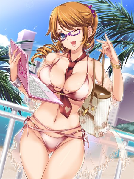 Anime picture 960x1281 with original moneti (daifuku) single long hair tall image looking at viewer breasts open mouth blue eyes light erotic brown hair large breasts one eye closed wink girl navel glasses necktie bag laptop