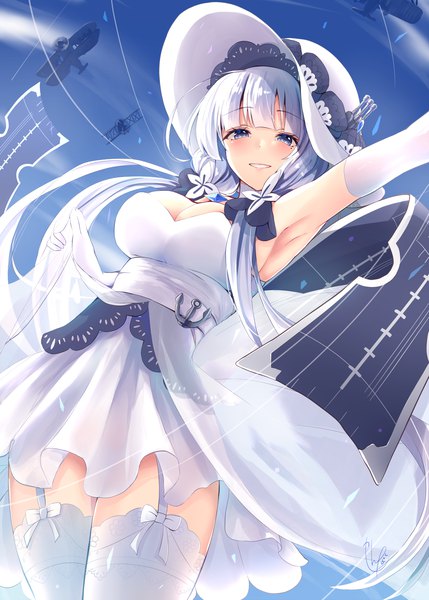 Anime picture 1250x1748 with azur lane illustrious (azur lane) narushima kanna single long hair tall image looking at viewer blush fringe breasts blue eyes smile large breasts twintails signed sky cleavage cloud (clouds) outdoors white hair