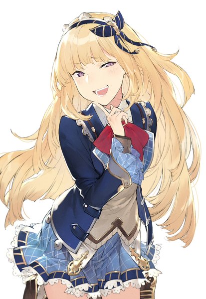 Anime picture 1000x1453 with granblue fantasy cagliostro (granblue fantasy) duoyuanjun single long hair tall image looking at viewer blush fringe simple background blonde hair smile white background blunt bangs head tilt leaning leaning forward happy girl skirt