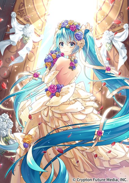 Anime picture 1240x1754 with vocaloid hatsune miku sakanahen single tall image blush fringe hair between eyes standing twintails holding very long hair looking back hair flower aqua eyes light smile from behind sunlight aqua hair floating hair