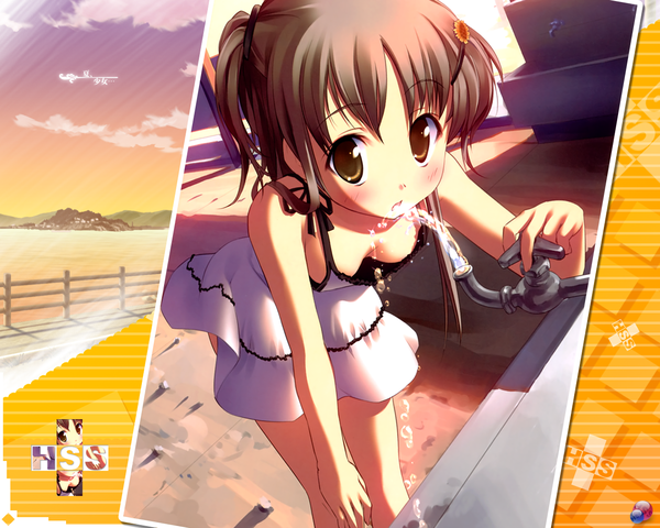 Anime picture 1280x1024 with original takoyaki (roast) looking at viewer blush short hair light erotic brown hair brown eyes no bra drinking girl hair ornament water hairclip sundress