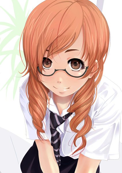 Anime picture 707x1000 with original tsuka (blind side) single long hair tall image fringe smile twintails brown eyes orange hair from below drill hair girl skirt shirt glasses necktie