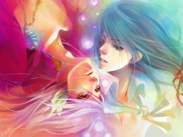 Anime picture 1024x768 with kitmun (artist) long hair brown eyes signed pink hair purple hair aqua eyes aqua hair open clothes orange eyes open shirt couple open collar face to face boy shirt fireflies