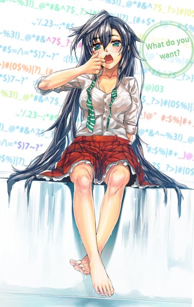 Anime picture 952x1500 with original glycyrrhizae single long hair tall image blush fringe breasts open mouth light erotic black hair large breasts sitting no bra wet text wet clothes body blush multicolored eyes wet t-shirt
