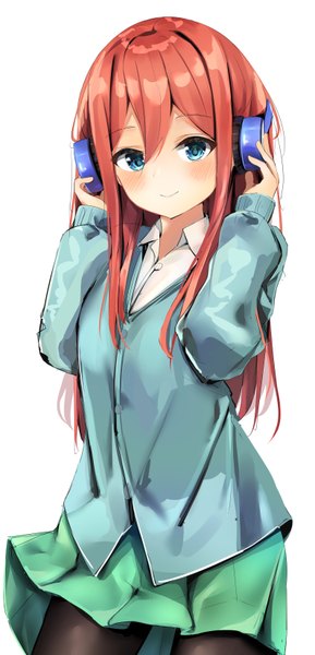 Anime picture 1588x3288 with go-toubun no hanayome nakano miku sashima single long hair tall image looking at viewer blush fringe blue eyes simple background smile hair between eyes standing white background red hair pleated skirt hand on headphones girl skirt