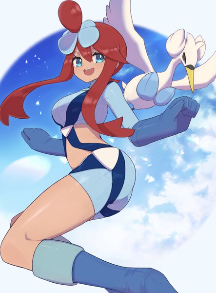 Anime picture 2429x3289 with pokemon pokemon black and white nintendo skyla (pokemon) swanna nuneno single long hair tall image looking at viewer blush fringe highres open mouth blue eyes hair between eyes payot sky cloud (clouds) red hair