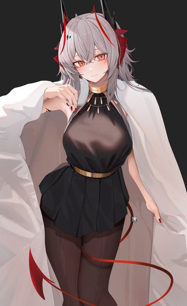 Anime-Bild 3644x5944 mit arknights w (arknights) ru zhai single long hair tall image looking at viewer blush fringe highres breasts simple background smile hair between eyes standing absurdres silver hair tail nail polish pleated skirt