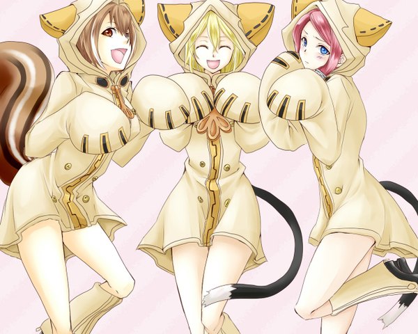 Anime picture 1280x1024 with blazblue noel vermillion makoto nanaya tsubaki yayoi blush short hair open mouth blue eyes simple background blonde hair smile brown hair multiple girls brown eyes animal ears pink hair eyes closed animal tail cat tail legs