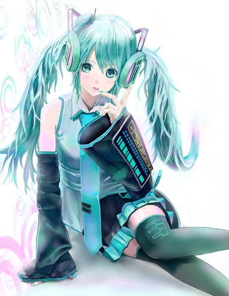 Anime picture 1080x1400 with vocaloid hatsune miku single long hair tall image looking at viewer blush fringe open mouth sitting twintails nail polish aqua eyes lips aqua hair finger to mouth knees touching girl thighhighs uniform
