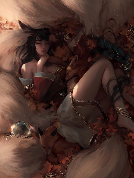 Anime picture 4881x6500 with league of legends ahri (league of legends) nixeu single tall image fringe highres breasts black hair bare shoulders animal ears absurdres cleavage bent knee (knees) tail lying braid (braids) eyes closed very long hair traditional clothes