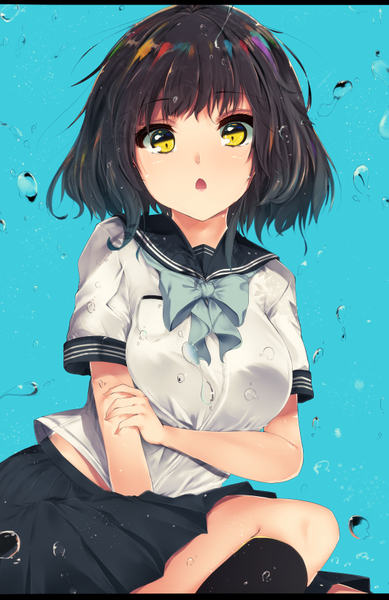 Anime picture 533x821 with original mikagemaru (mikage000) single tall image looking at viewer fringe short hair breasts open mouth black hair simple background large breasts sitting yellow eyes blunt bangs pleated skirt :o short sleeves letterboxed holding arm