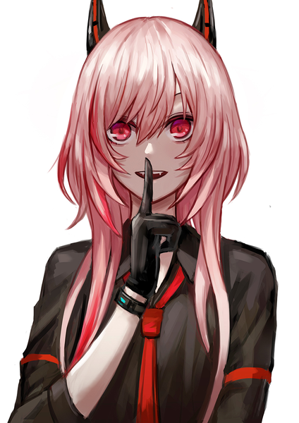 Anime picture 800x1132 with girls frontline mp40 (girls frontline) selcky single long hair tall image looking at viewer fringe open mouth simple background smile hair between eyes red eyes white background pink hair upper body :d teeth finger to mouth girl