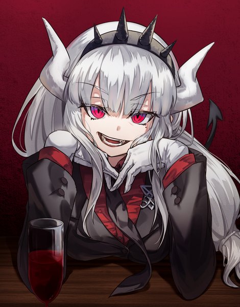 Anime picture 1958x2500 with helltaker lucifer (helltaker) ildy single long hair tall image looking at viewer highres open mouth simple background red eyes silver hair tail :d horn (horns) teeth demon girl red background demon tail girl