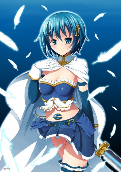 Anime picture 1535x2171 with mahou shoujo madoka magica shaft (studio) miki sayaka number10 (hagakure) single tall image short hair blue eyes blue hair midriff girl skirt gloves weapon miniskirt sword elbow gloves feather (feathers)
