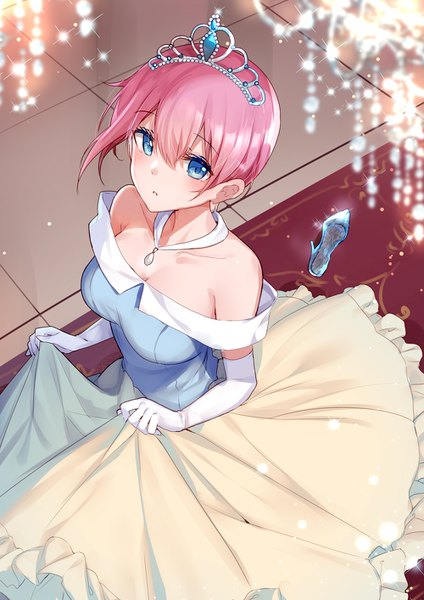 Anime picture 1000x1414 with go-toubun no hanayome nakano ichika bison cangshu single tall image looking at viewer blush fringe short hair breasts blue eyes hair between eyes standing bare shoulders payot pink hair cleavage indoors from above off shoulder