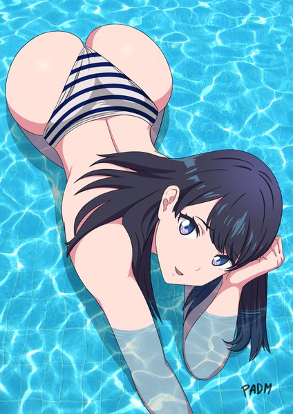 Anime picture 2480x3508 with gridman universe ssss.gridman studio trigger takarada rikka padm single long hair tall image looking at viewer blush fringe highres open mouth blue eyes light erotic black hair signed ass head tilt from above
