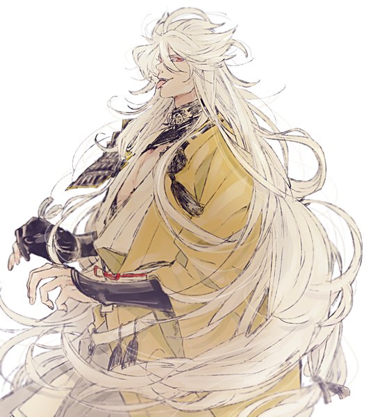 Anime picture 740x832 with touken ranbu nitroplus kogitsunemaru maru0one single tall image looking at viewer simple background red eyes white background white hair very long hair traditional clothes japanese clothes profile albino boy gloves tongue tassel