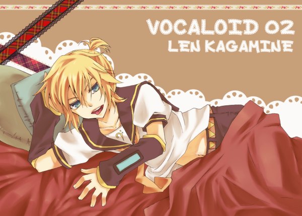 Anime picture 1398x1000 with vocaloid kagamine len mukkun short hair open mouth blue eyes blonde hair lying copyright name boy detached sleeves tongue bed