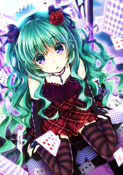 Anime picture 723x1023 with vocaloid hatsune miku single long hair tall image open mouth blue eyes sitting bare shoulders very long hair hair flower aqua hair girl thighhighs dress gloves hair ornament flower (flowers) ribbon (ribbons) hair ribbon