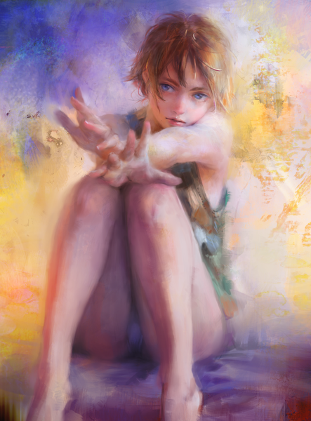 Anime picture 1420x1920 with original arata yokoyama single tall image fringe short hair blue eyes light erotic blonde hair sitting bare shoulders bent knee (knees) parted lips barefoot fingernails lips realistic bare legs pantyshot spread legs